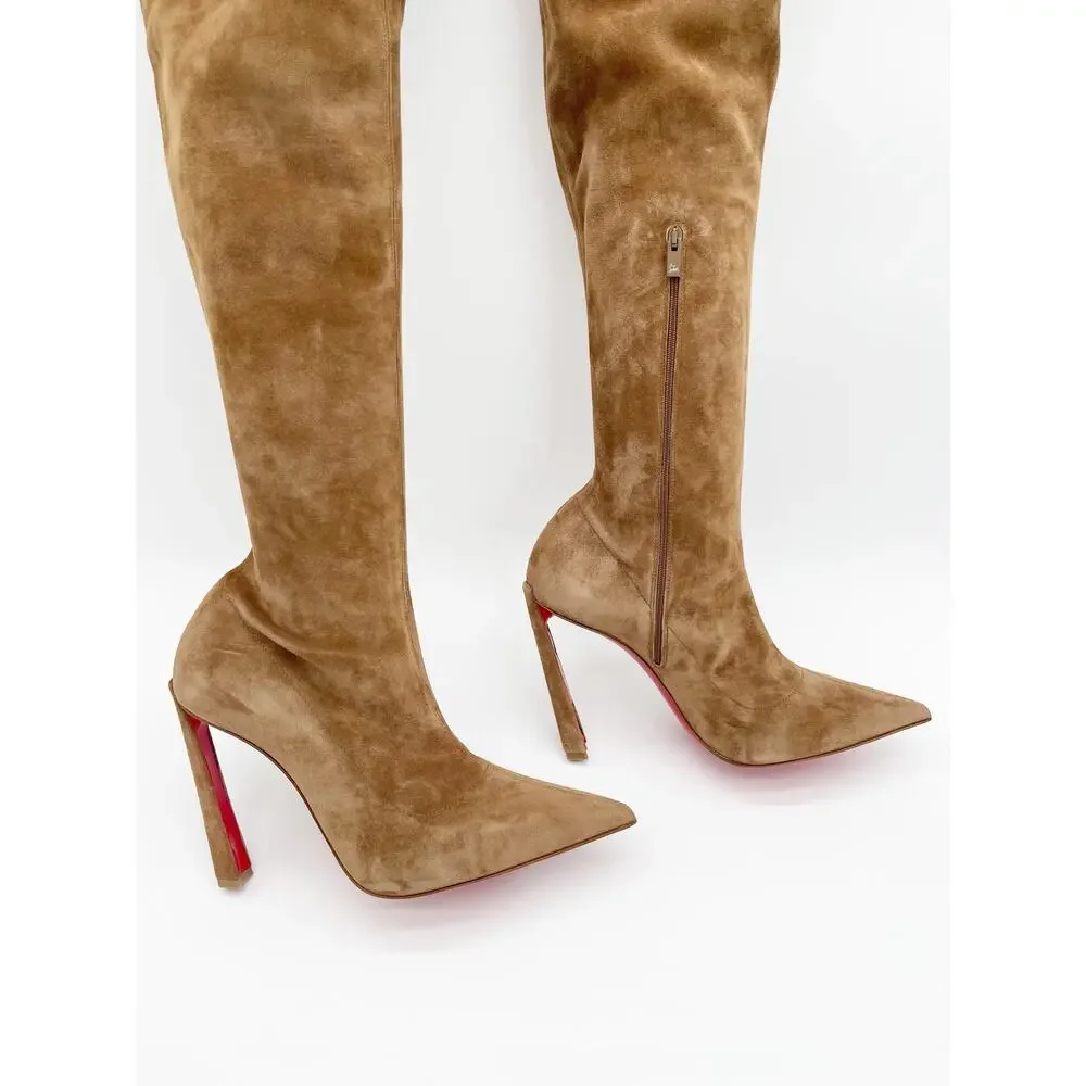 Christian Louboutin Condora Botta Alta Camel Tan Suede Thigh High Boots EU 39.5